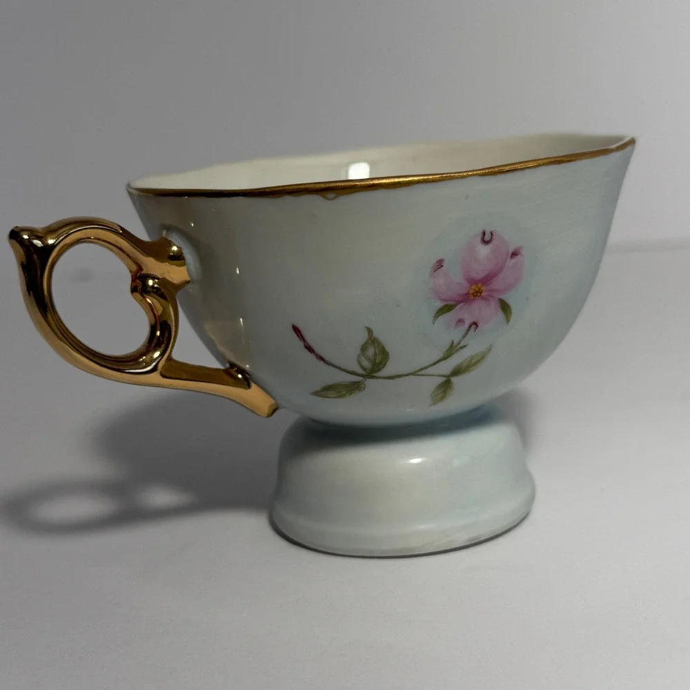 Vintage Lefton China Musical Teacup Pink Floral Gold Trim Footed Porcelain Japan